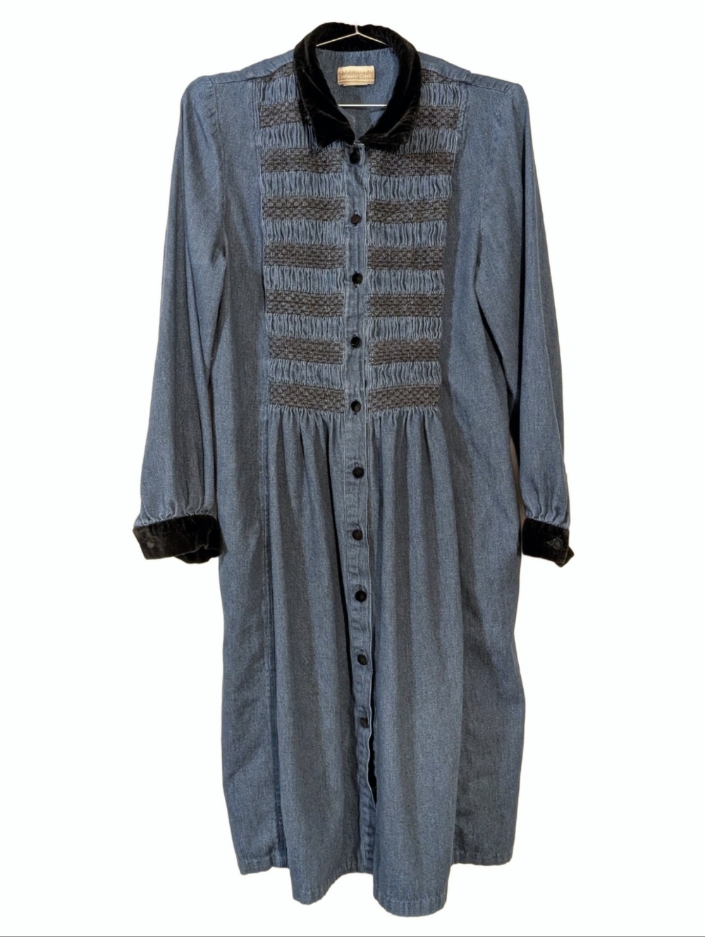 Vintage Denim Chambray Button-Front Midi Dress with Black Velvet Trim